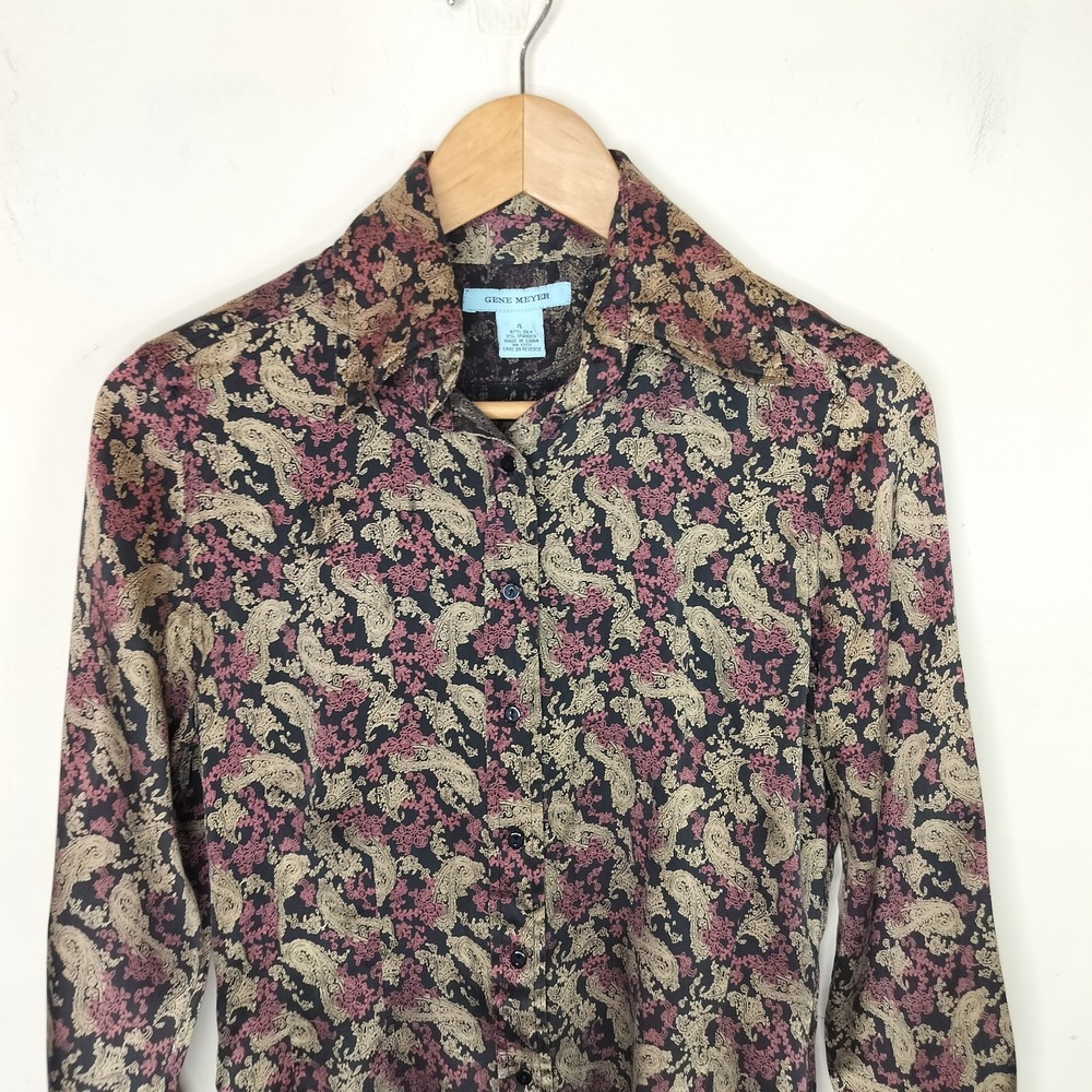Gene Meyer Silk Paisley Floral Button Up Shirt Dark Romantic - Picture 2 of 8